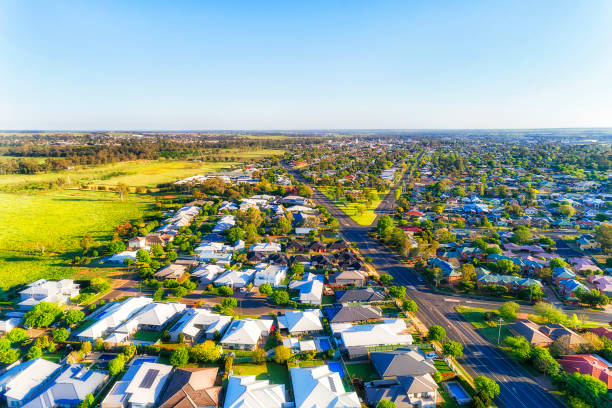 D Dubbo town south to CBD plains Great western plains of Australia - Dubbo town streets and residential suburbs in aerial scenic view. new south wales photos stock pictures, royalty-free photos & images