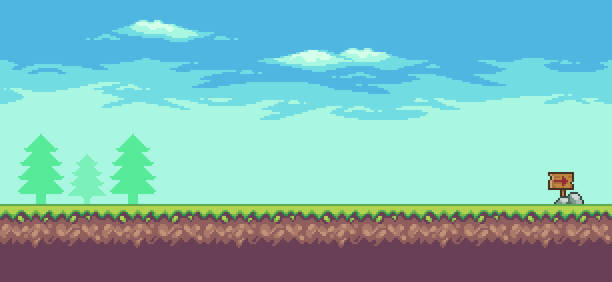 Pixel art game scene 8bit Pixel art arcade game scene with trees, clouds and wooden board 8bit landscape background pixel sky background stock illustrations