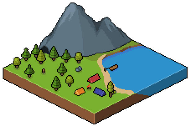 Pixel art isometric campground in forest Pixel art isometric campground in forest with motanha and lake 8bit chowder stock illustrations