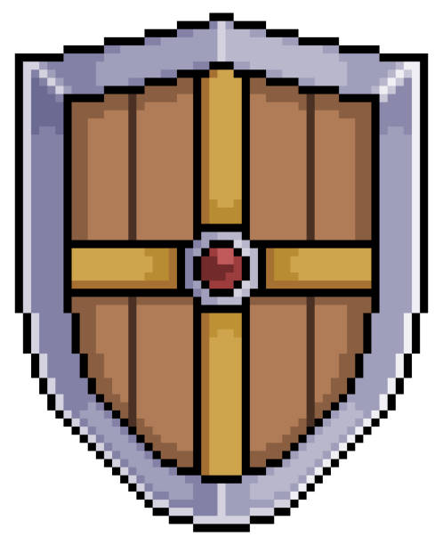 ilustraciones, imágenes clip art, dibujos animados e iconos de stock de pixel art escudo medieval de hierro y madera - grunge shield coat of arms insignia