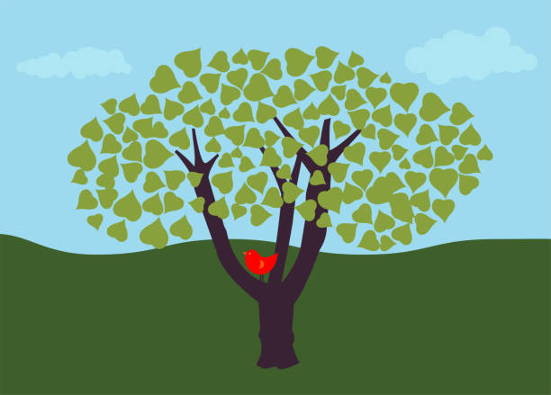 Red Bird Perched in Centre of Bodhi Tree vector art illustration