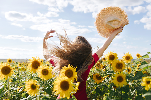 Happy beautiful young woman in red dress and a straw hat is dancing and jumping against a yellow field of sunflowers. Summer time. Back view.