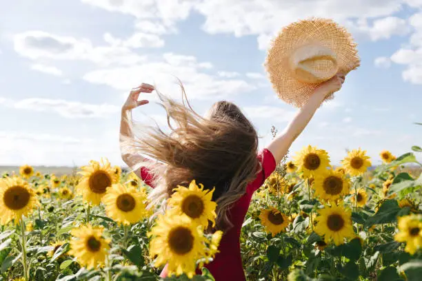 Photo of Happy beautiful young woman in red dress and a straw hat is dancing and jumping against a yellow field of sunflowers. Summer time. Back view
