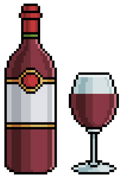 illustrations, cliparts, dessins animés et icônes de pixel art bouteille de vin et verre - aging process french culture winemaking next to