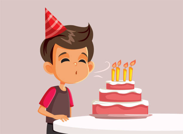 ilustraciones, imágenes clip art, dibujos animados e iconos de stock de little birthday boy soplando velas en una ilustración vectorial de pastel - child vector birthday celebration