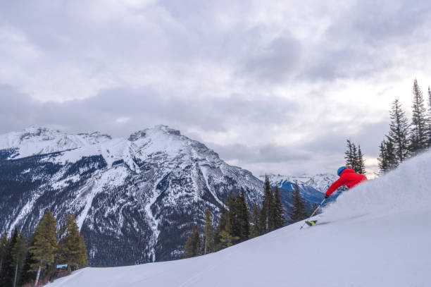 istock Backcountry skier descends snow slope 1329128112