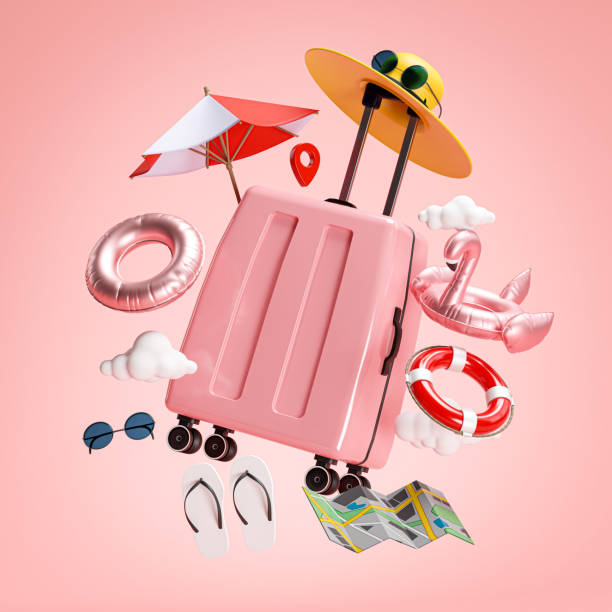 istock Travel Holiday Concept. Pink Suitcase and Beach Accessories 3D Rendering 1329128268