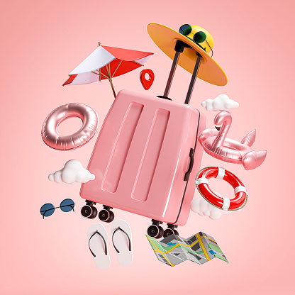 Travel Holiday Concept. Pink Suitcase and Beach Accessories 3D Rendering