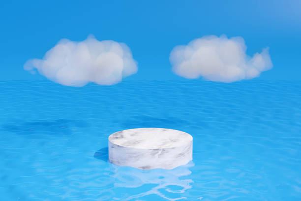 istock Marble pedestal on water with white clouds. 3d illustration. 1329136137