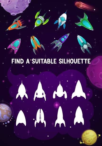 Kids game with spaceships, shadow match riddle Kids game with spaceships, shadow match vector riddle with rockets. Find suitable silhouettes of shuttle children logic educational maze with space ships. Cartoon worksheet for mind development space invaders game stock illustrations