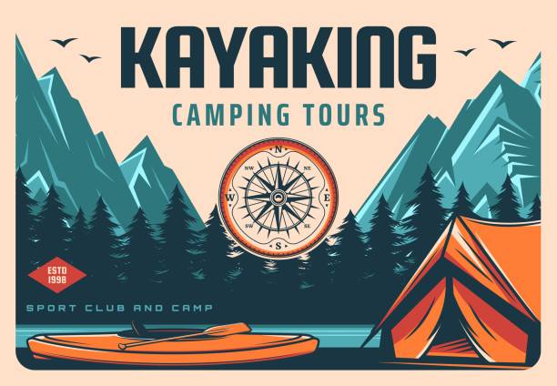 Kayaking sport club camping and hiking tour banner Kayaking and camping tours retro banner. Recreation activity trip, rafting on river in wild. Hiking and outdoor travel club vintage poster with kayak, tourists tent on mountain river or lake shore rafting kayak kayaking river stock illustrations