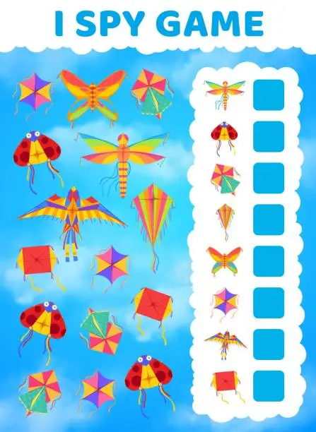 Vector illustration of I spy kids game with kites in blue sky