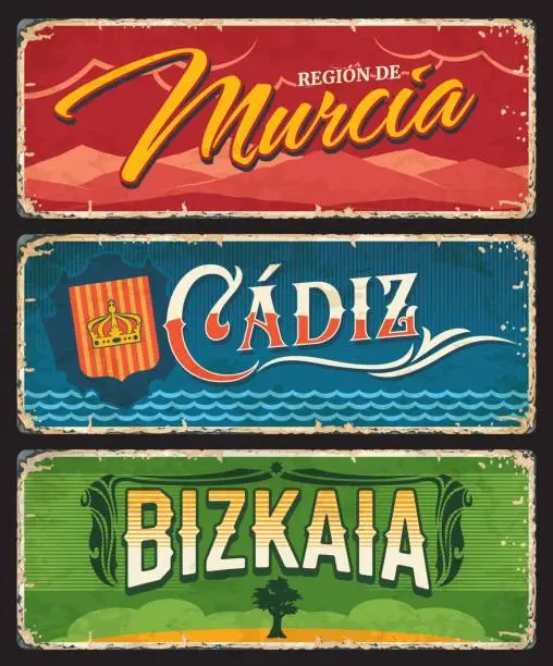 Vector illustration of Spain Bizkaia, Cadiz, Murcia signs, metal plates