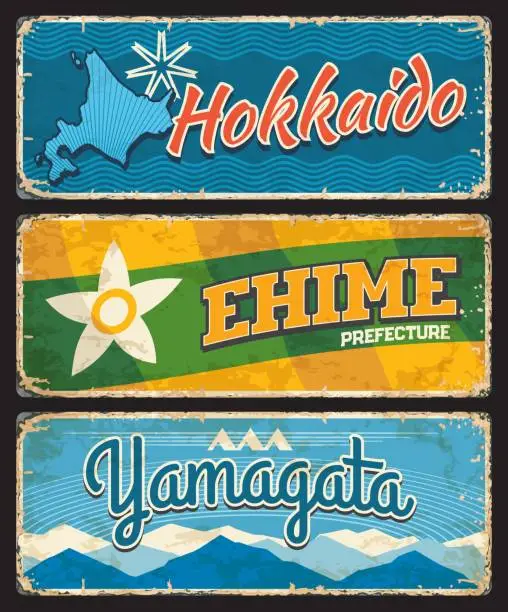 Vector illustration of Ehime, Yamagata and Hokkaido prefectures tin signs