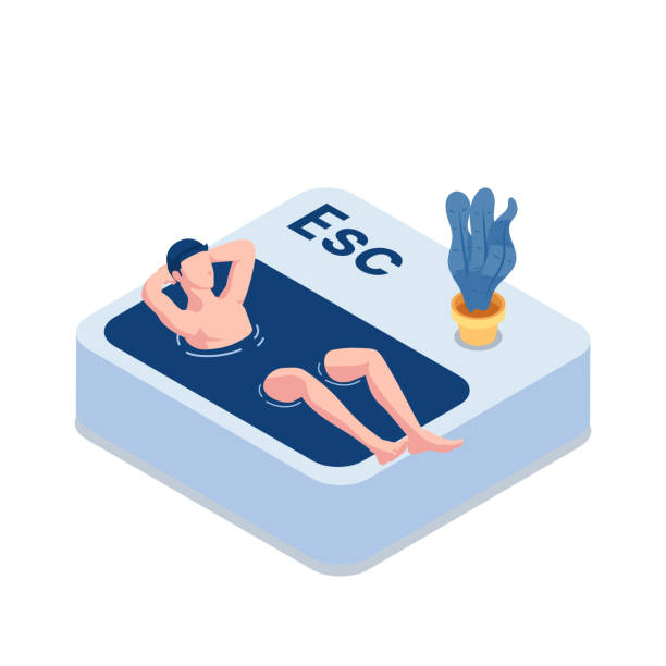 illustrations, cliparts, dessins animés et icônes de homme d’affaires isométrique se détendre dans la piscine à boutons d’échappement esc - exit button