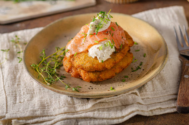 istock Delicious latkes with salmon 1329147639
