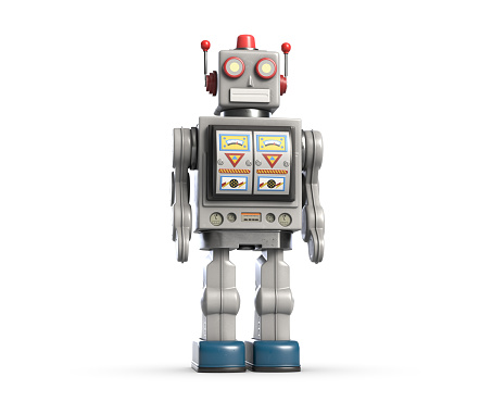 3d illustration of retro vintage robot toy isolated on white.