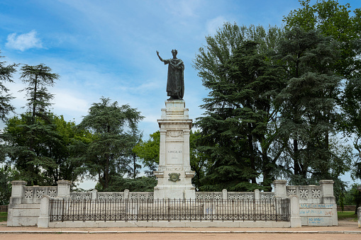 Mantua, Italy. July 13, 2021.  the statue of Virgilio, in the Gardens of Piazza Virgiliana in the city center