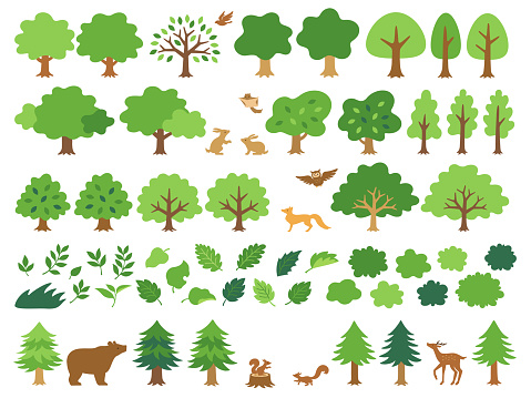 Icon set of various green trees and forest animals