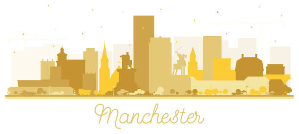 manchester new hampshire city skyline silhouette ze złotymi budynkami odizolowanymi na biało. - manchester stock illustrations