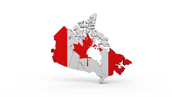 Canada flag shaped country map on white background 3D renderin