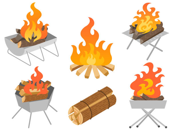 ilustraciones, imágenes clip art, dibujos animados e iconos de stock de conjunto de ilustraciones de hoguera y brasero - fire pit fire camping burning