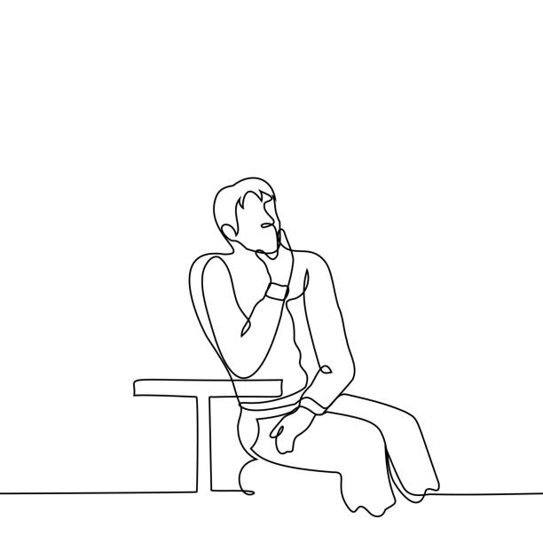 インスピレーション、反射の瞬間にカフェの夏のベランダに男。男は小さなテーブルに座っているが、別の方向に見える、彼の手はテーブルの上に置き、手は彼の顎をなでる - 1 - hand on chin illustrations点のイラスト素材／クリップアート素材／マンガ素材／アイコン素材