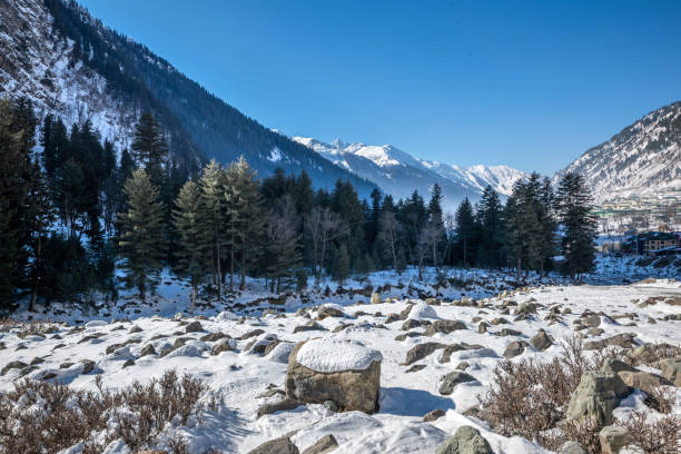 Beautiful view of sonmarg in winter, Sonmarg, Kashmir Beautiful view of sonmarg in winter, Snow covered Himalayan Mountains with pine trees, Kashmir jammu and kashmir photos stock pictures, royalty-free photos & images