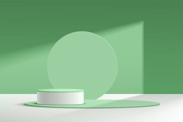 istock Abstract 3D white and green cylinder pedestal podium with  circle backdrop. Pastel green minimal wall scene for cosmetic product display presentation. Vector rendering geometric platform design. 1329157827