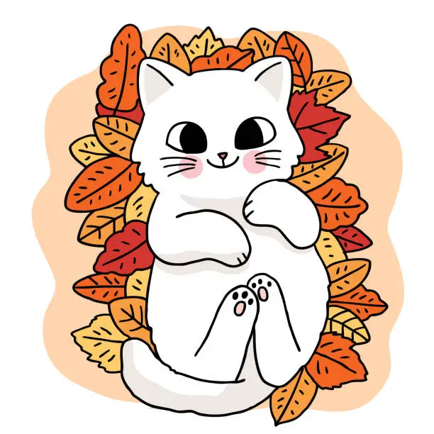 Vector illustration of Cartoon cute hand draw cat lay down on meny leaves, Autumn vector.
