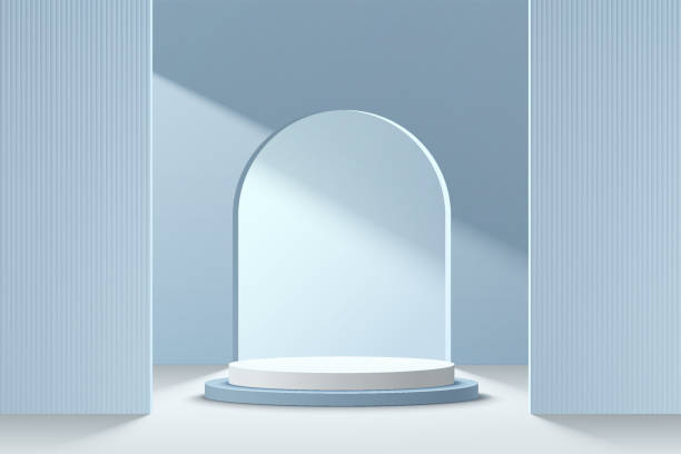 istock Abstract 3D light blue and white cylinder pedestal podium with arch window on the wall. Pastel blue minimal scene with geometric backdrop. Modern vector rendering platform for product presentation. 1329158106