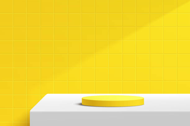 Abstract 3D white cylinder pedestal podium on the white table with yellow square tile texture wall scene. Vector rendering minimal geometric platform design in shadow for product display presentation. Abstract 3D white cylinder pedestal podium on the white table with yellow square tile texture wall scene. Vector rendering minimal geometric platform design in shadow for product display presentation. kitchen stock illustrations