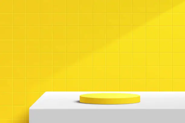 Vector illustration of Abstract 3D white cylinder pedestal podium on the white table with yellow square tile texture wall scene. Vector rendering minimal geometric platform design in shadow for product display presentation.