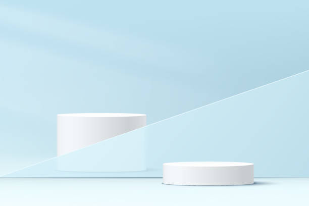 istock Abstract 3D 2 white cylinder pedestal podium with transparent blue glass geometric shape backdrop. Vector rendering platform with pastel blue minimal wall scene for product display presentation. 1329160176