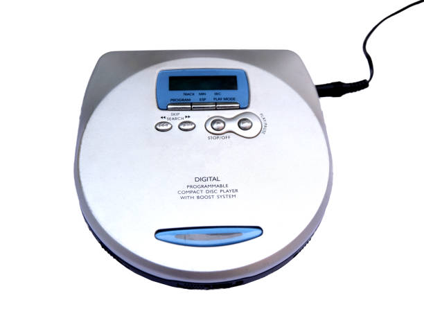 Silver portable CD player Silver portable CD player with isolated object on a white background open cd player stock pictures, royalty-free photos & images
