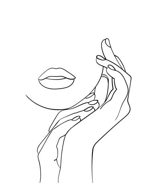 stockillustraties, clipart, cartoons en iconen met minimal line art woman with hand on face. black lines drawing. - vector illustration - beauty face woman