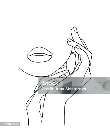 istock Minimal line art woman with hand on face. Black Lines Drawing. - Vector illustration 1329169225