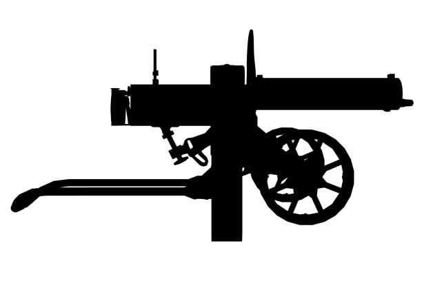 ilustrações, clipart, desenhos animados e ícones de silhueta de uma antiga metralhadora maxim isolada em um fundo branco. vista lateral. ilustração vetorial - gun handgun silhouette outline