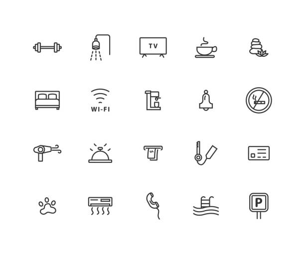 Simple Set of Hotel Related Vector Line Icons. Contains such Icons as One Large and Two Separate Beds, Air Conditioning, Wi-Fi and more. Simple Set of Hotel Related Vector Line Icons. Contains such Icons as One Large and Two Separate Beds, Air Conditioning, Wi-Fi and more. Barbell stock illustrations