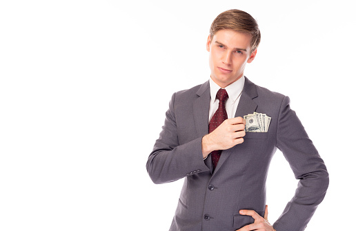 Businessman with money in pocket suit Business man earn a lot of money Rich guy get wealth and get much income or it dirty money White collar worker men get successful of business isolated on white