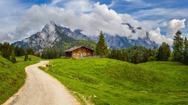 Idyllic landscape in the Alps with mountain chalet and meadows in springtime Beautiful view of scenic mountain landscape in the Alps with traditional mountain chalet and fresh green meadows hut stock pictures, royalty-free photos & images