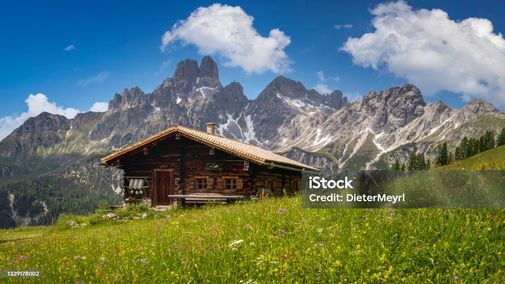 Idyllic mountain landscape in the alps: Mountain chalet, meadows and blue sky Mountain chalet in Austria: Idyllic landscape in the Alps with a meadow of flowers in the Alps Romance Stock Photo