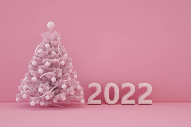 2022 Christmas Tree, New Year, Minimal Pink Background