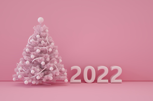 3d rendering of Christmas Tree, New Year Ornaments, Minimal Pink Background. 2022.