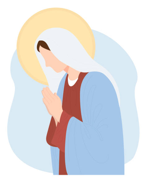 ilustraciones, imágenes clip art, dibujos animados e iconos de stock de santísima theotokos, reina del cielo. la virgen maría, madre de dios ora mansamente. ilustración vectorial para comunidades cristianas y católicas, diseño, decoración de fiestas religiosas - inmaculada concepción