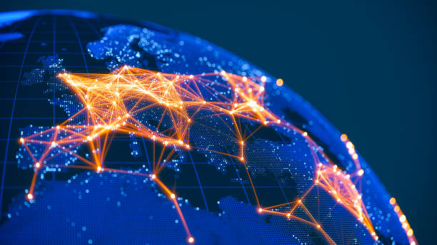 global communication network (world map credits to nasa) - globe global communications earth planet foto e immagini stock