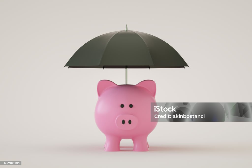 Piggy Bank with Umbrella, Financial Insurance, Protection 3D rendering of Piggy Bank with Umbrella. Financial Insurance, Protection. Minimalism. Copy space. Insurance Stock Photo