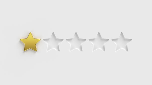 five star rating. one of the five gold rating stars on a white background. rate a company or app online. 5 gold stars for customer quality review illustration. - first class star shape rank gold imagens e fotografias de stock