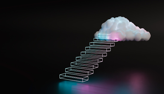 Red and blue neon stairs going up to a cloud with dark background and reflections. 3d render