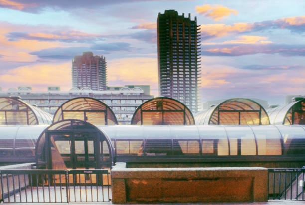 May 4th. 1985. London in the 1980's. A view of the City of London shot on 35mm film and a Leica camera. On a bright day in Spring. There are no visible people in the picture. The Barbican centre.